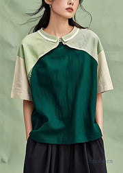 Natural Dull Green Oversized Patchwork Cotton Blouse Top Summer