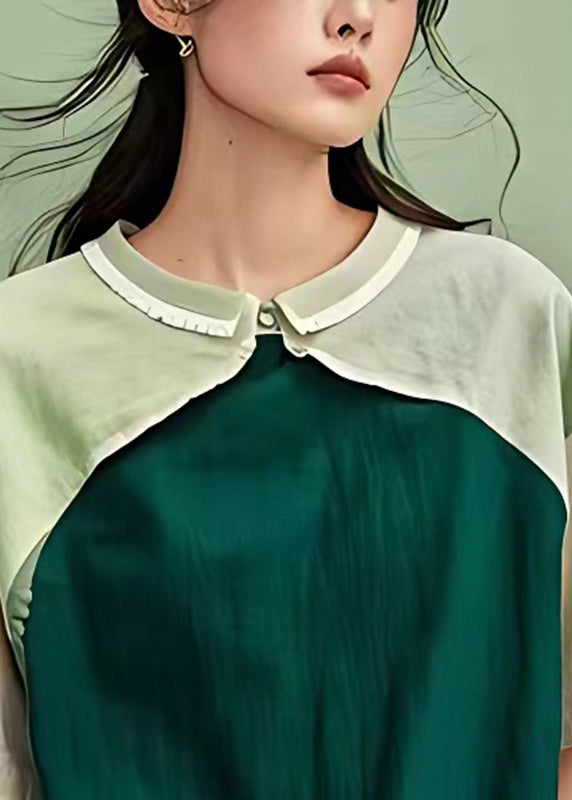 Natural Dull Green Oversized Patchwork Cotton Blouse Top Summer