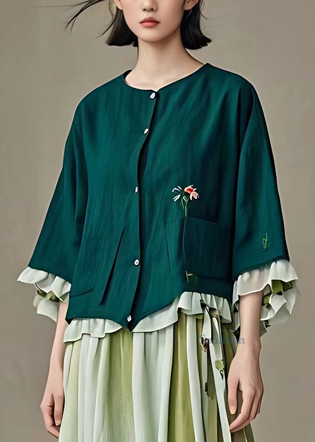 Natural Dull Green Pockets Floral Coats Fall