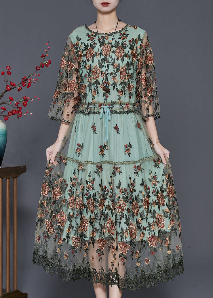 Natural Green Embroidered Tulle Robe Dresses Summer