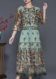 Natural Green Embroidered Tulle Robe Dresses Summer