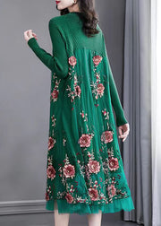 Natural Green Embroidered Patchwork Knit Long Dress Spring