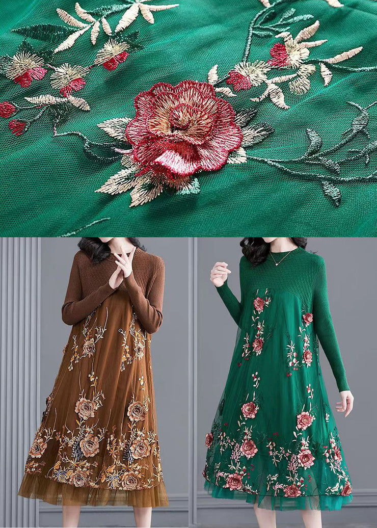 Natural Green Embroidered Patchwork Knit Long Dress Spring