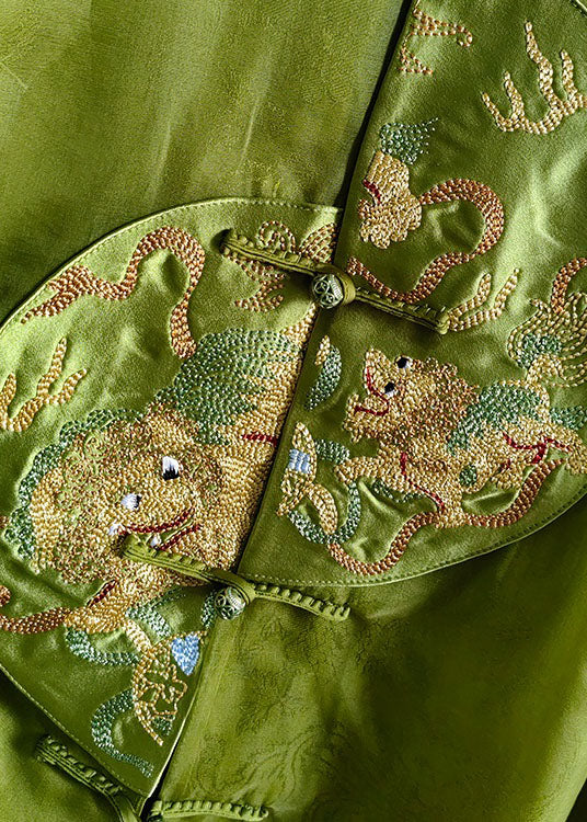 Natural Green Embroideried Patchwork Silk Vest Sleeveless