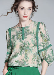 Natural Green O Neck Lace Patchwork Print Silk T Shirt Spring