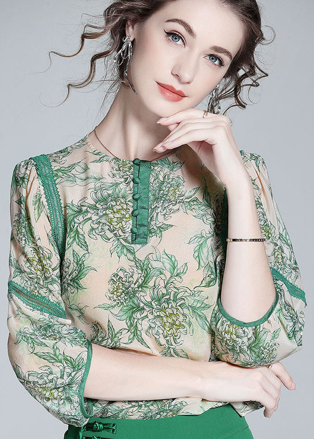 Natural Green O Neck Lace Patchwork Print Silk T Shirt Spring