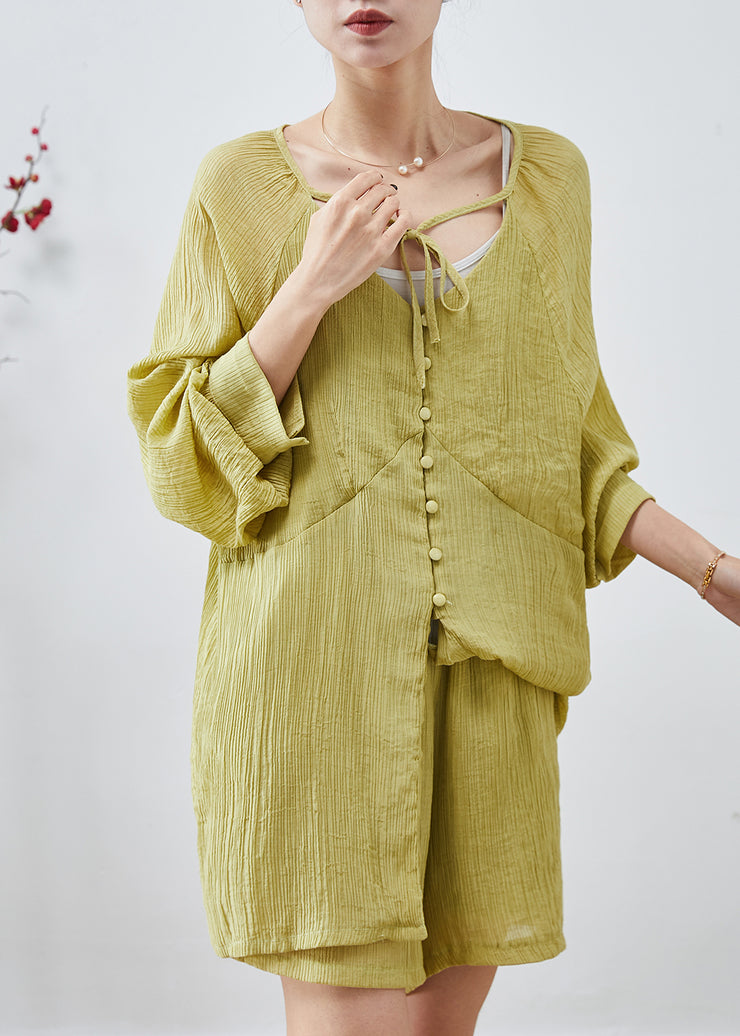 Natural Green Oversized Wrinkled Cotton Two Pieces Set Summer