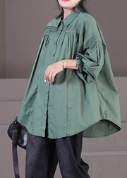 Natural Green Peter Pan Collar Wrinkled Shirts Long Sleeve