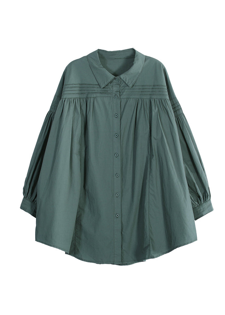 Natural Green Peter Pan Collar Wrinkled Shirts Long Sleeve