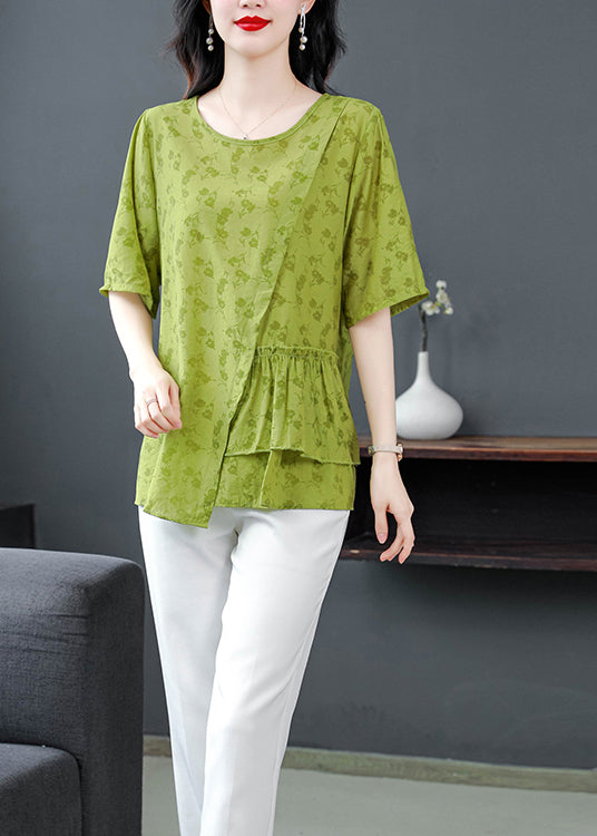 Natural Green Print Asymmetrical Patchwork Linen Blouses Summer