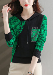 Natural Green Print Zircon Patchwork Cotton Knit Sweatshirt Fall