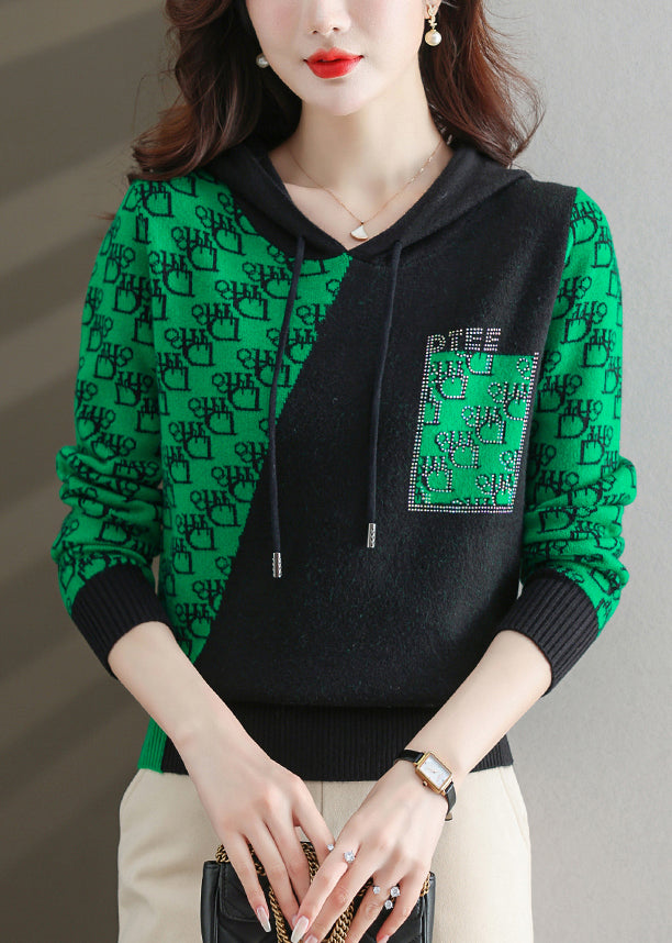 Natural Green Print Zircon Patchwork Cotton Knit Sweatshirt Fall