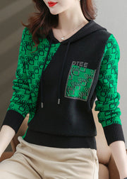 Natural Green Print Zircon Patchwork Cotton Knit Sweatshirt Fall