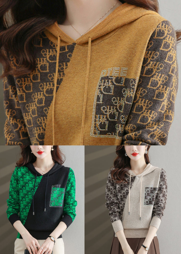 Natural Green Print Zircon Patchwork Cotton Knit Sweatshirt Fall