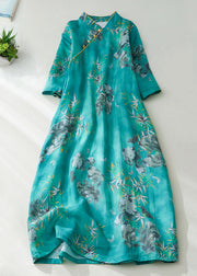 Natural Green Stand Collar Print Button Long Dress Short Sleeve