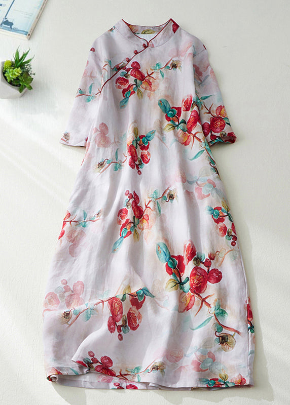 Natural Green Stand Collar Print Button Long Dress Short Sleeve