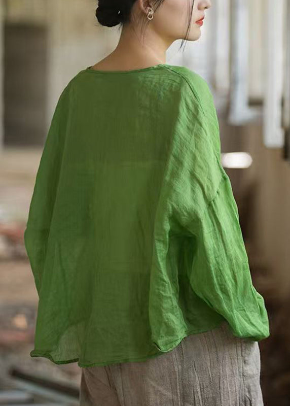 Natural Green Tops Button O-Neck Solid Ramie Fall