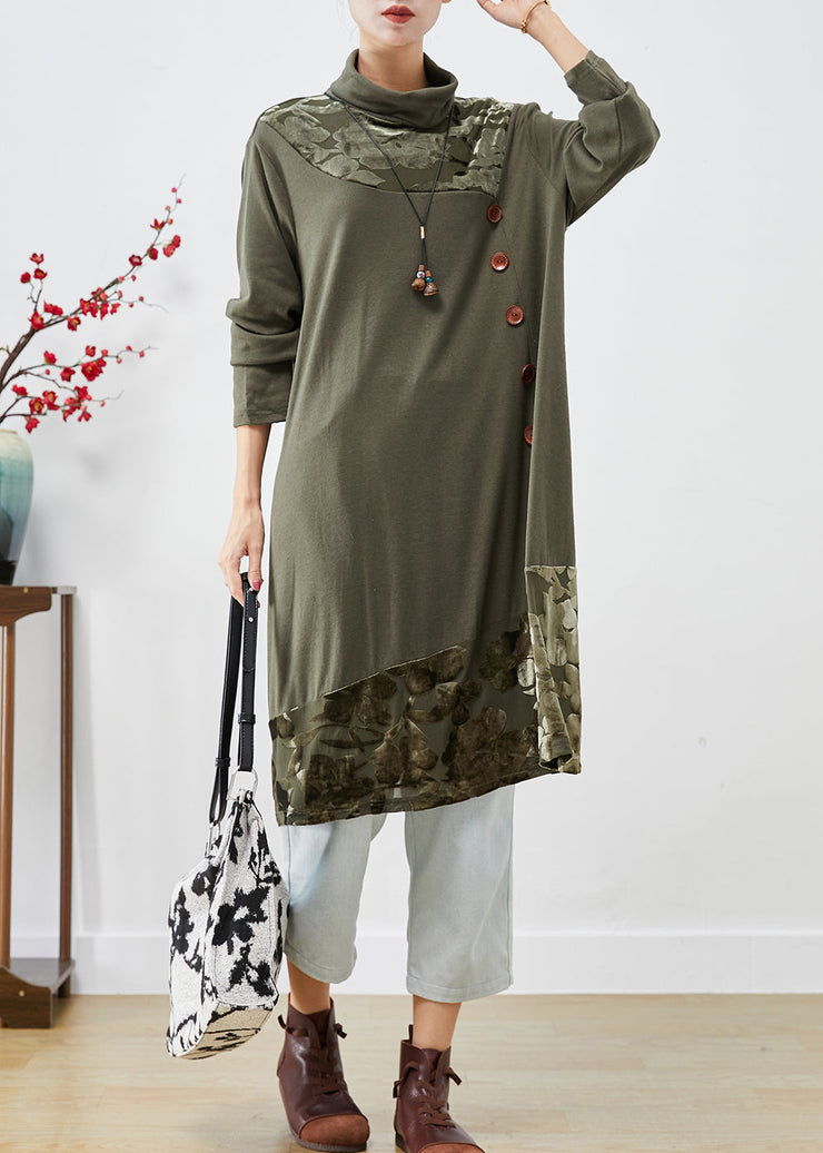 Natural Green Turtle Neck Patchwork Jacquard Silk Velour Dresses Fall