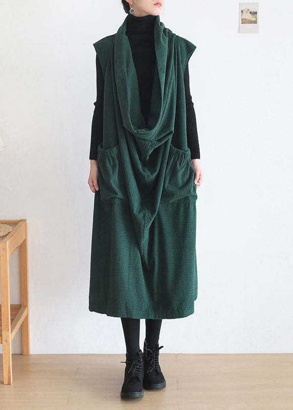 Natural Green Turtleneck Pockets Knit Cotton Dress Sleeveless