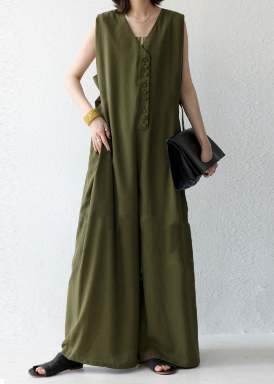 Natural Green V Neck Patchwork Cotton Wide Leg Jumpsuit Spring