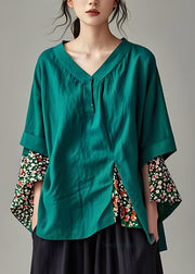 Natural Green V Neck Print Patchwork Cotton Top Summer