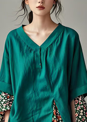 Natural Green V Neck Print Patchwork Cotton Top Summer