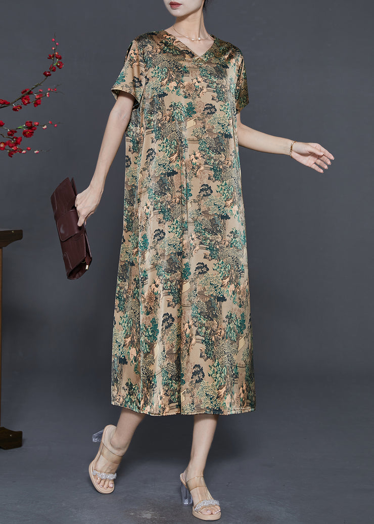 Natural Green V Neck Print Silk Vacation Dresses Summer