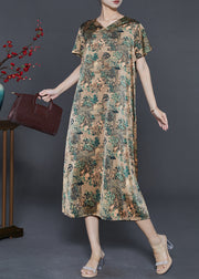 Natural Green V Neck Print Silk Vacation Dresses Summer