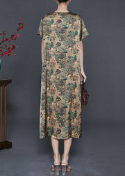 Natural Green V Neck Print Silk Vacation Dresses Summer