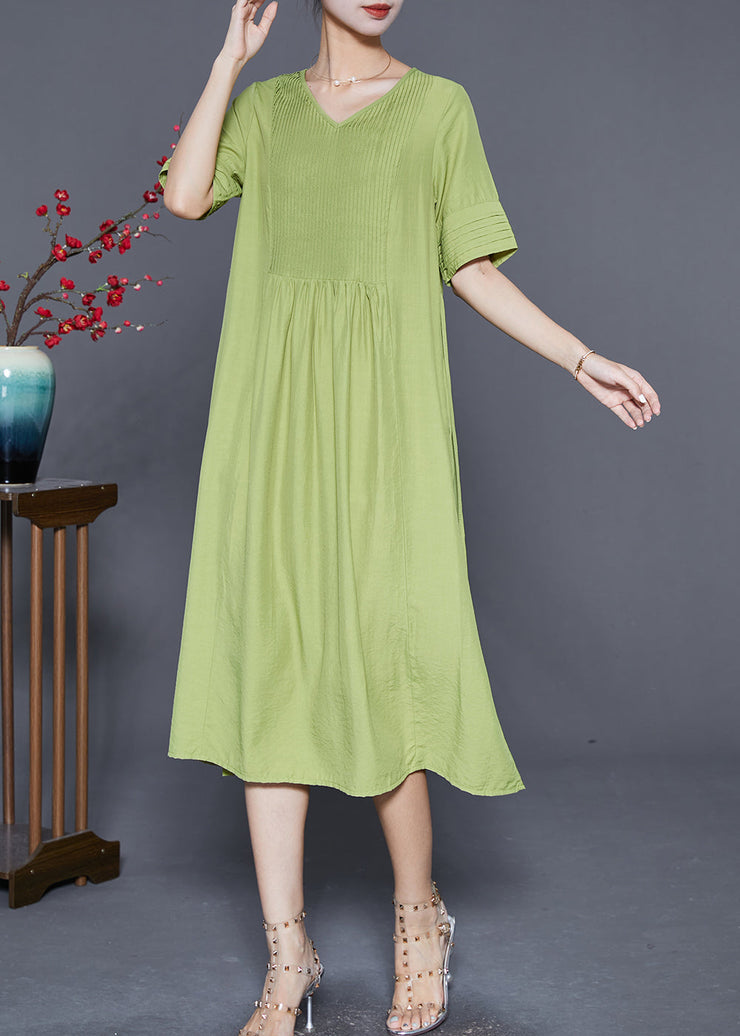 Natural Green V Neck Wrinkled Cotton Maxi Dresses Summer