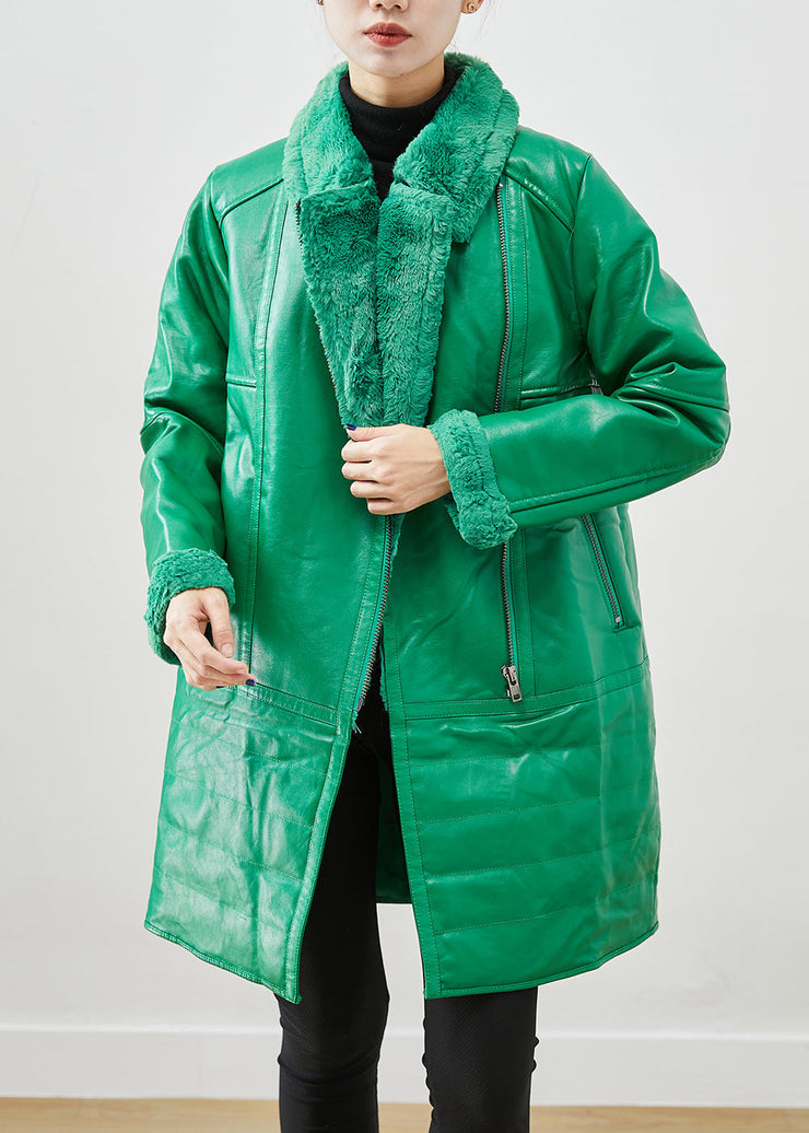 Natural Green Zip Up Patchwork Duck Down Faux Leather Coats Winter