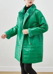 Natural Green Zip Up Patchwork Duck Down Faux Leather Coats Winter