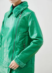 Natural Green Zip Up Patchwork Duck Down Faux Leather Coats Winter