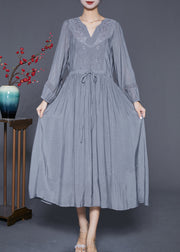 Natural Grey Embroideried Cinched Patchwork Cotton Dresses Summer