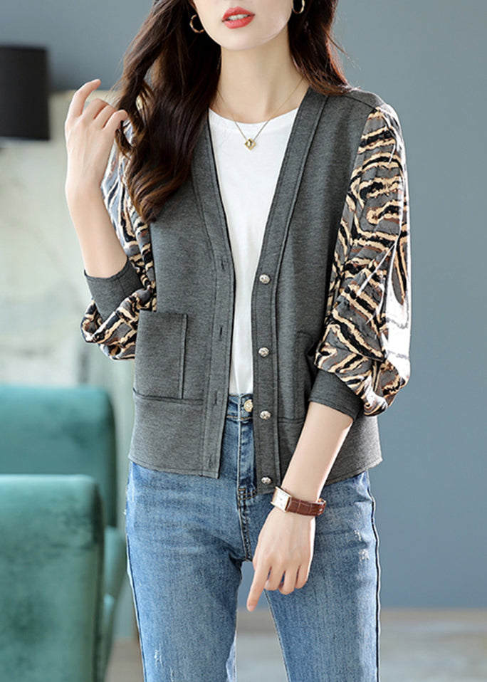 Natural Grey Leopard Patchwork V Neck Print Coat Fall