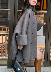 Natural Grey O-Neck Button Woolen Mid Coats Fall