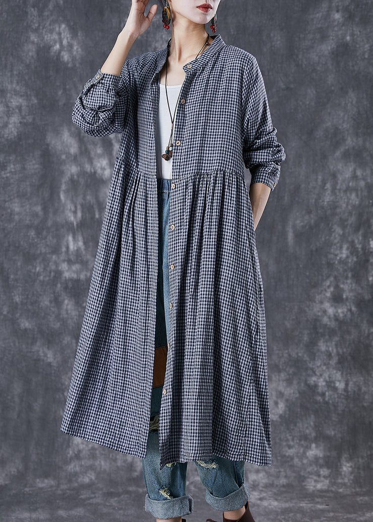 Natural Grey Oversized Plaid Cotton Shirt Dresses Fall