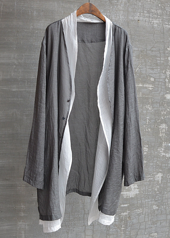 Natural Grey V Neck Button Fake Two Pieces Linen Men Top Fall