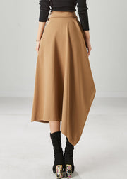 Natural Khaki Asymmetrical Pockets Spandex Skirts Fall