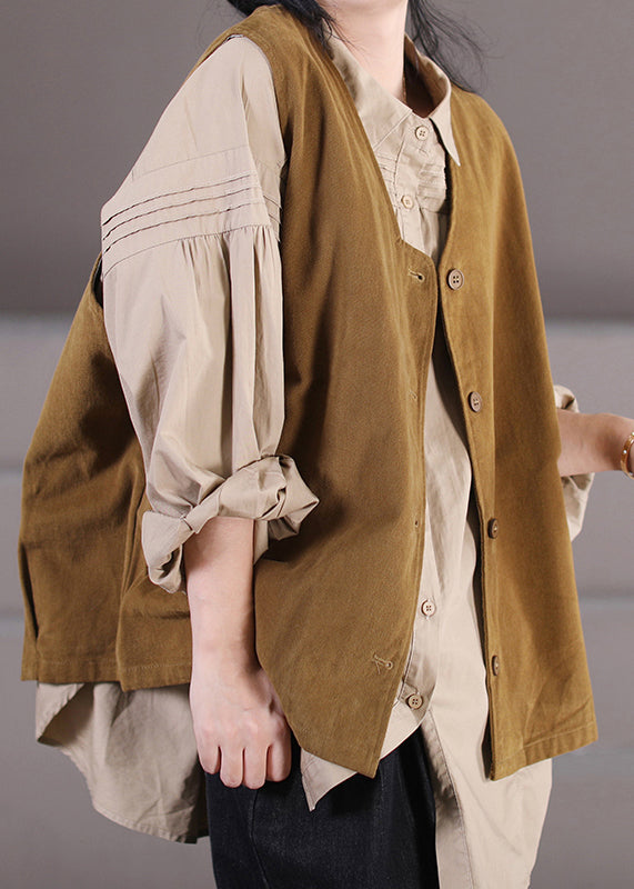 Natural Khaki V Neck Button Solid Waistcoat Fall