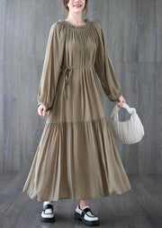 Natural Khaki Wrinkled Drawstring Chiffon Long Dress Long Sleeve