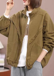 Natural Khaki Zip Up Pockets Patchwork Cotton Coat Fall