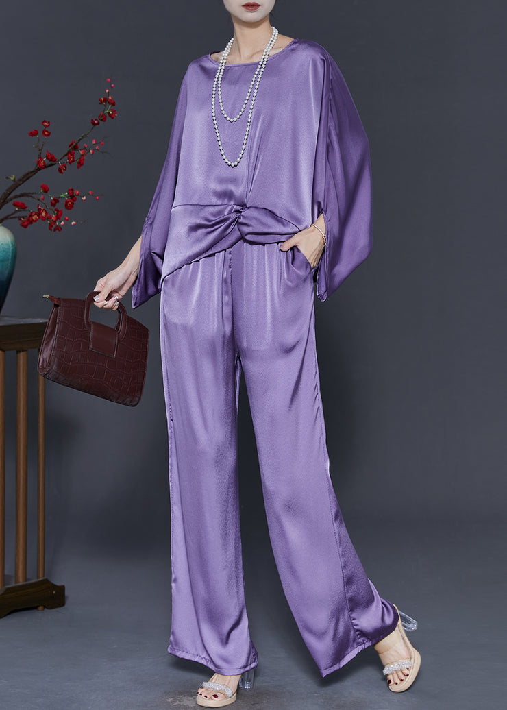 Natural Lavender Asymmetrical Silk Two Piece Set Outfits Batwing Sleeve