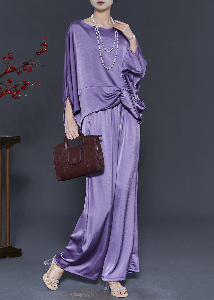 Natural Lavender Asymmetrical Silk Two Piece Set Outfits Batwing Sleeve