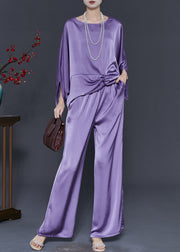 Natural Lavender Asymmetrical Silk Two Piece Set Outfits Batwing Sleeve