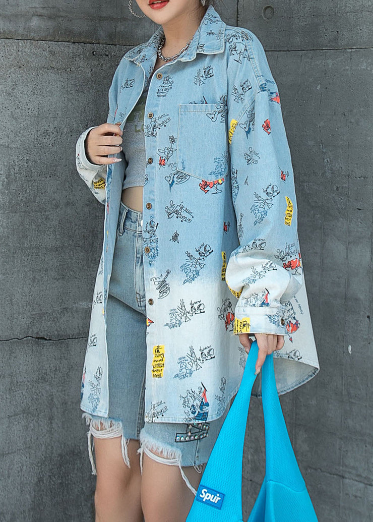 Natural Light Blue Peter Pan Collar Pockets Patchwork Denim Coat Spring