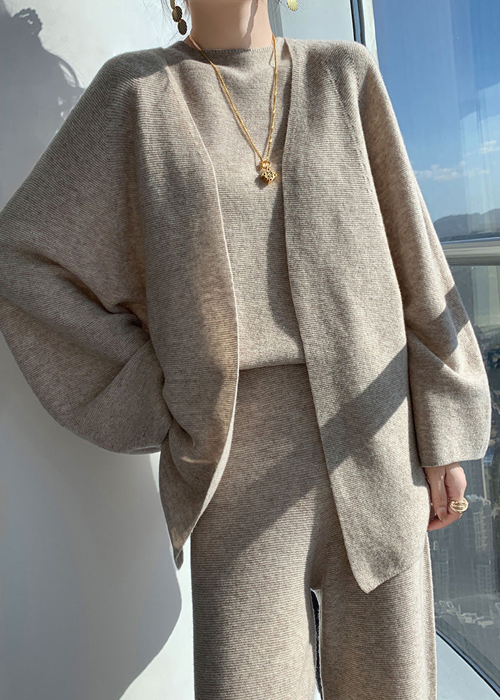 Natural Light Camel V Neck Woolen Cardigan Waistcoat And Wide Leg Pants Three Piece Set Fall