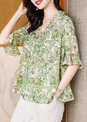 Natural Light Green Ruffled Print Patchwork Chiffon Shirts Top Summer