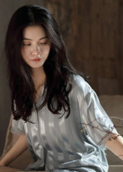 Natural Light Grey Peter Pan Collar Striped Ice Silk Couple Pajamas Two Pieces Set Summer