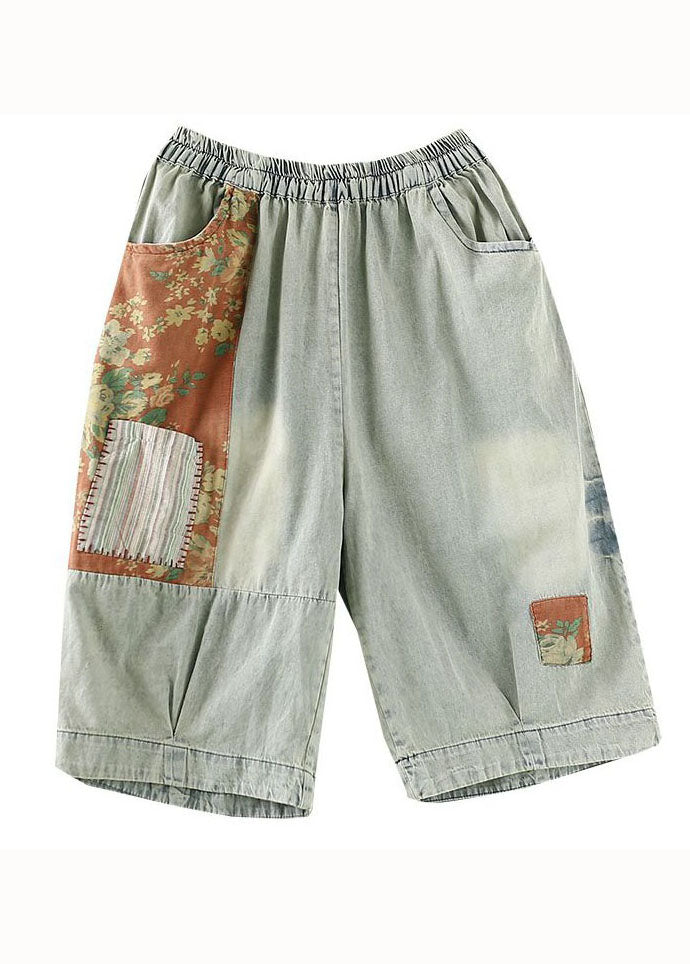 Natural Light Grey Pockets Patchwork Denim Crop Pants Summer